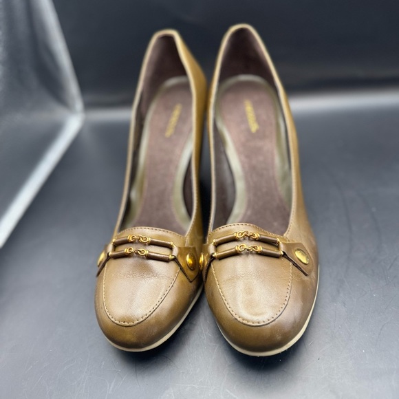 AEROSOLES WOMEN'S BROWN LEATHER SLIP ON WEDGE 3.5” PUMPS SIZE 10M - Picture 1 of 14